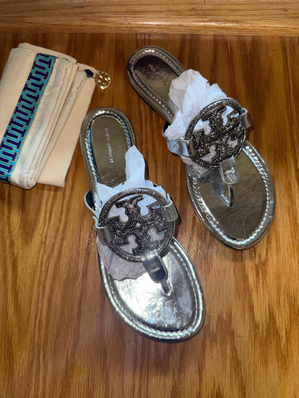 Tory Burch Silver Metallic Rhinestone Miller Sandals - Picture 2 of 7